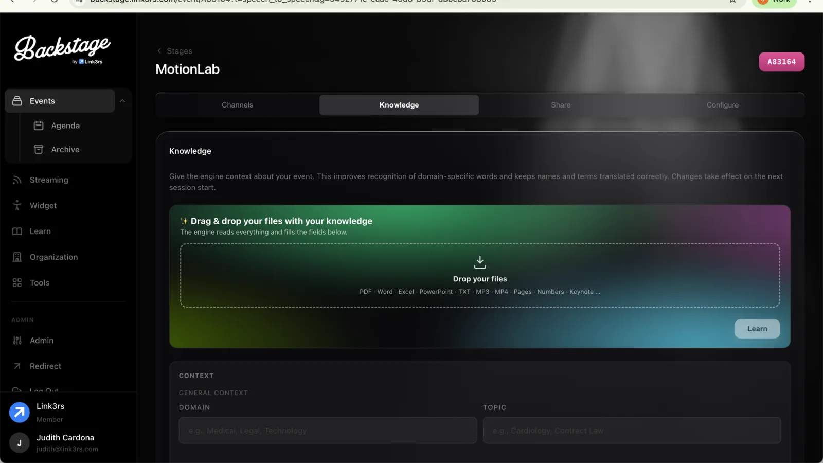 Backstage dashboard with sessions and languages