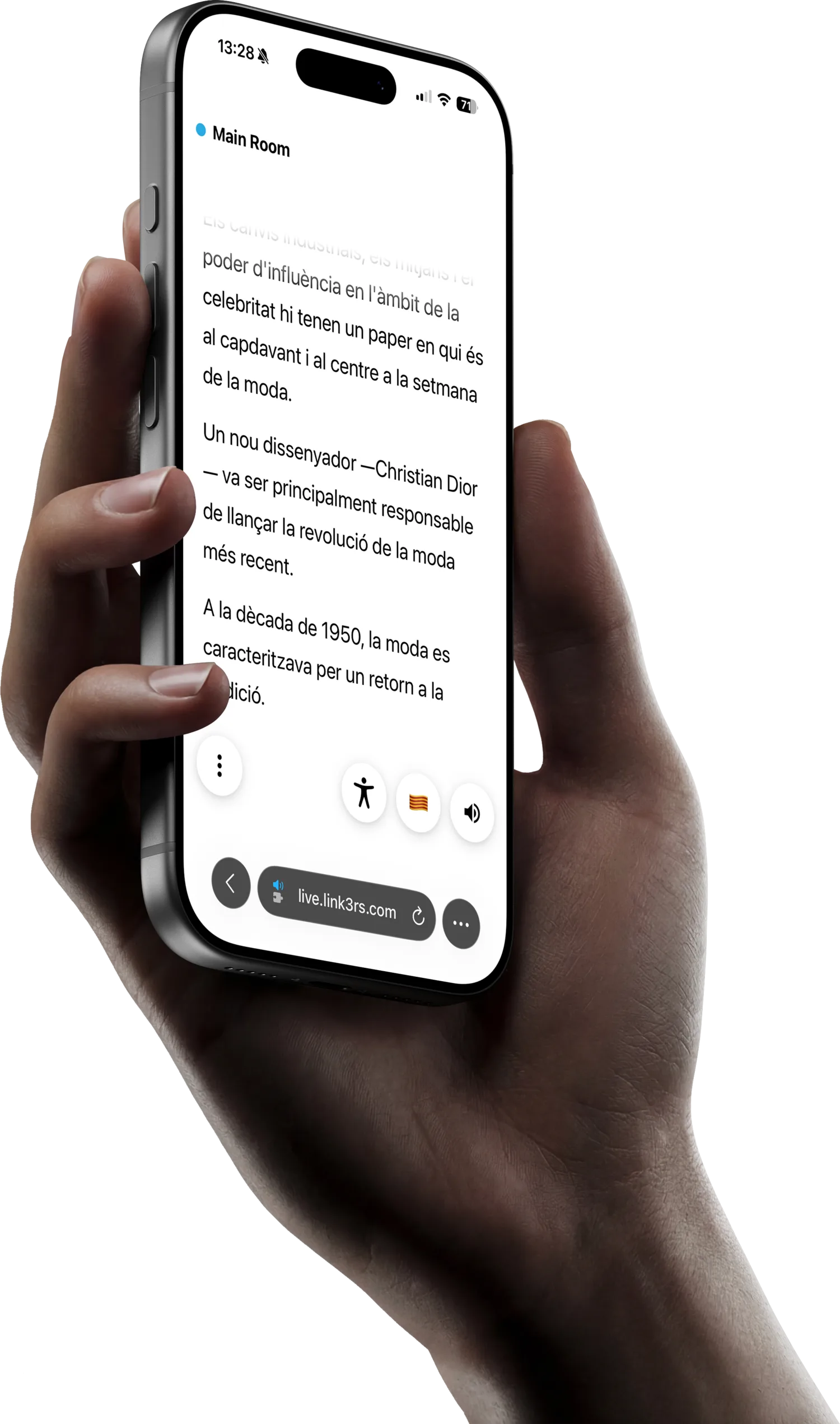 A hand holding a phone with the live translation
