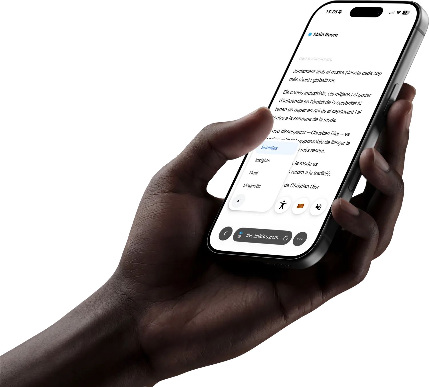 A hand holding a phone with the live translation
