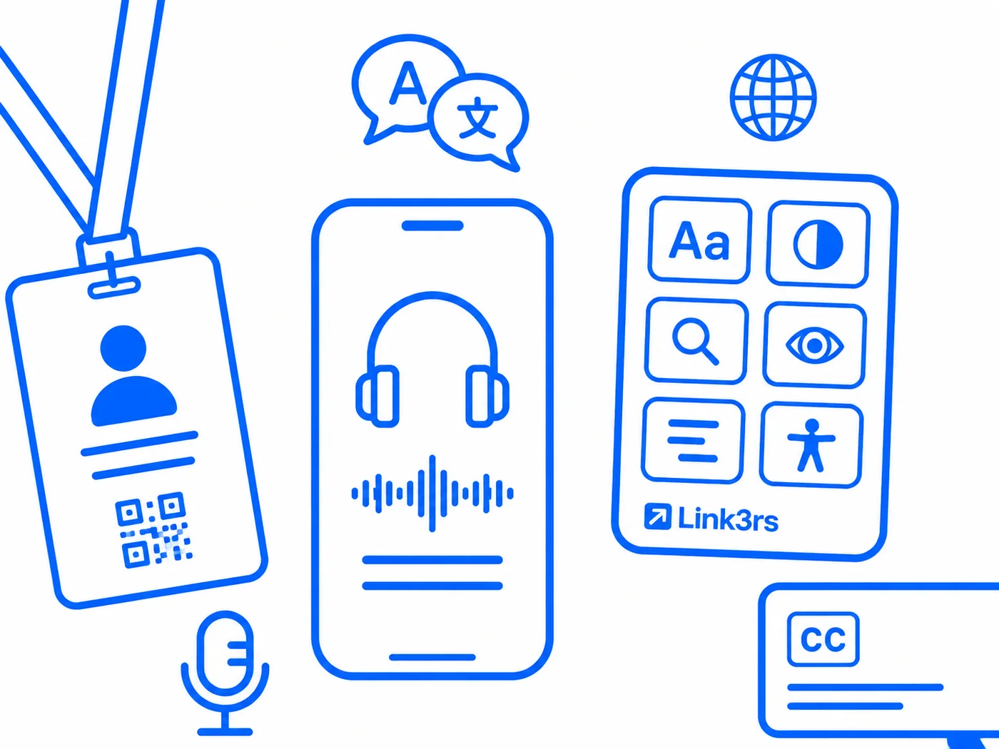 Badge with a QR code, a phone with headphones and the reading controls