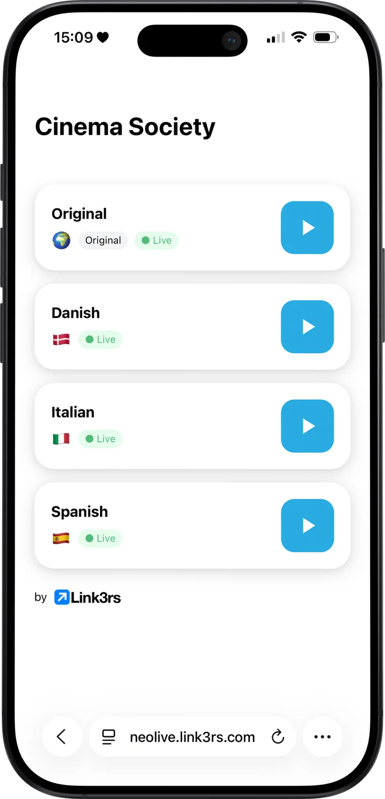 Language list with play buttons on an iPhone