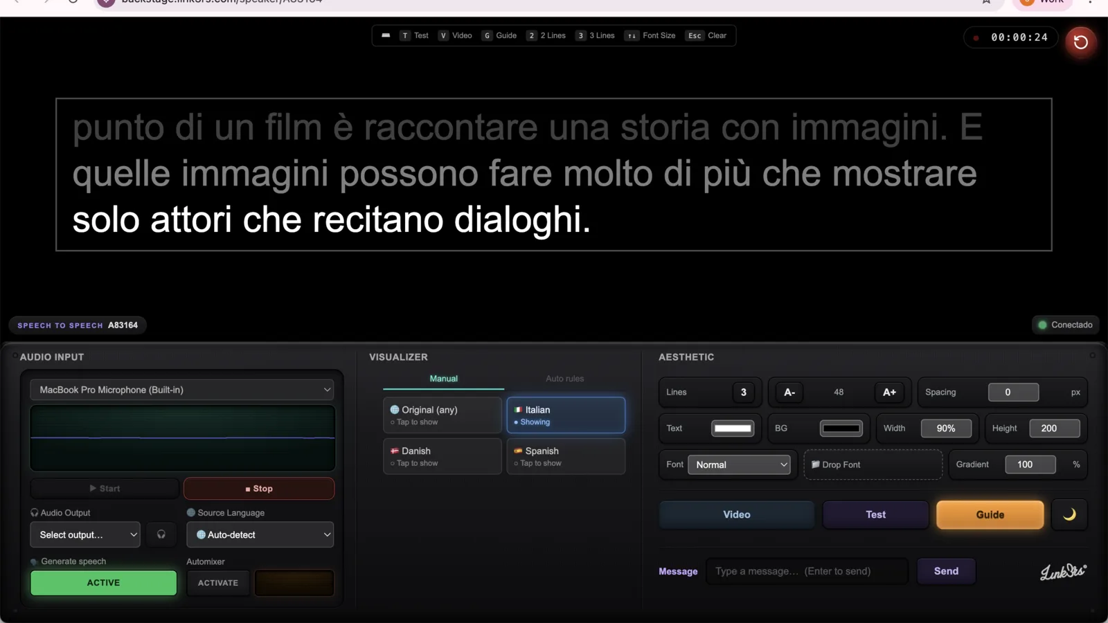 Backstage speaker interface with the caption strip in Italian