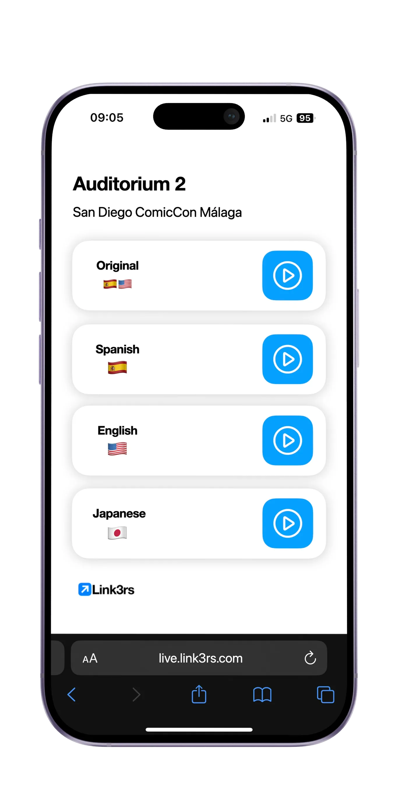 Link3rs live channel selector with Original, Spanish, English and Japanese audio