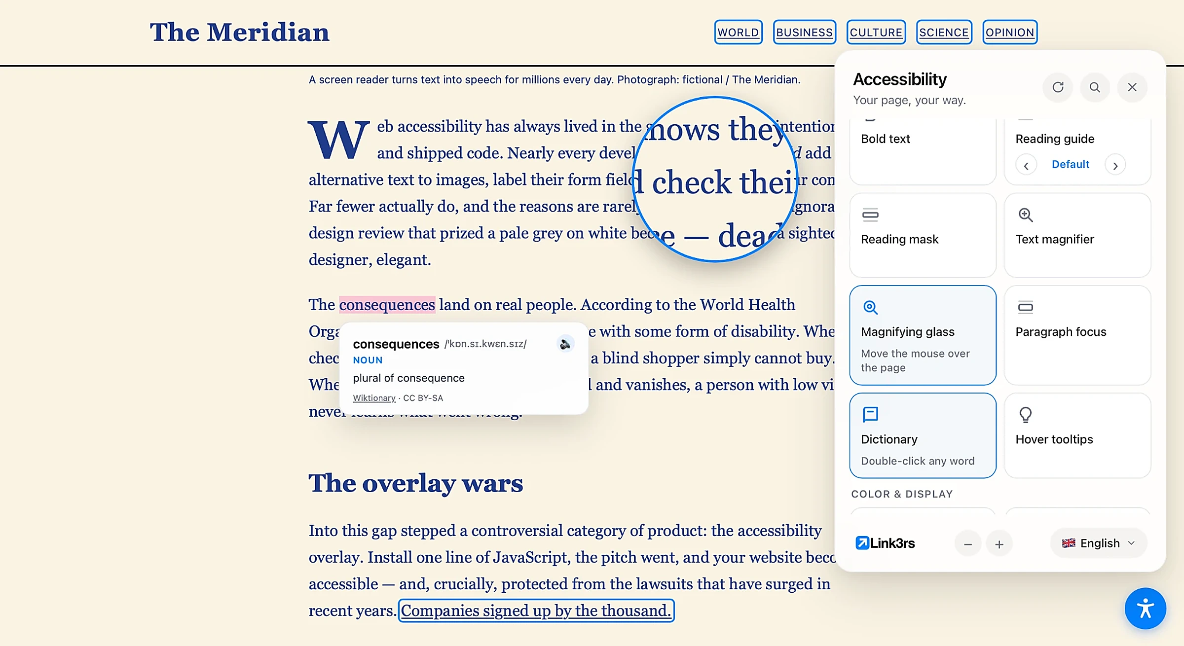 Link3rs Widget running on a news website: magnifying glass, dictionary and reading aids open